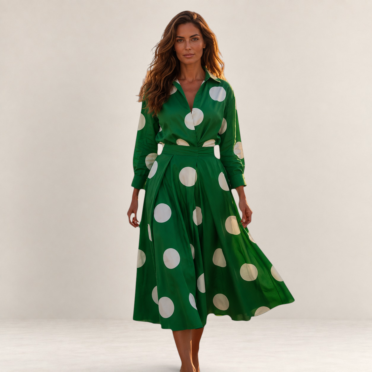 Valvet Oak House Lana green midi dress with white polka dots, featuring a collar and long sleeves on a model