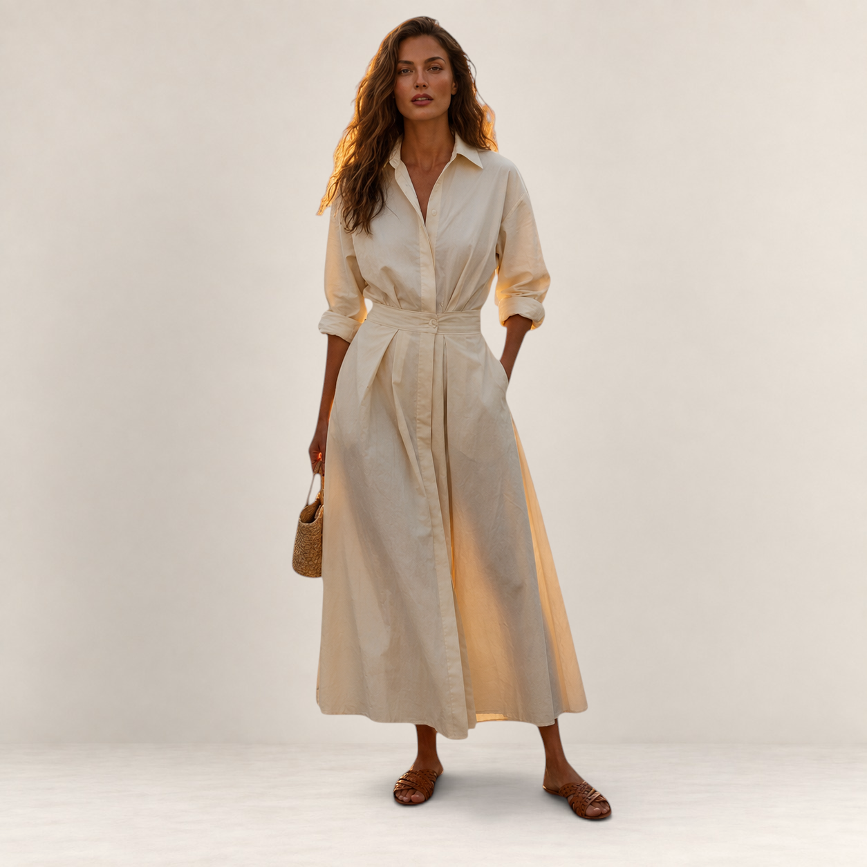 Valvet Oak House Lana cream cotton midi dress with collar, long sleeves, and pockets worn by a woman with sandals.