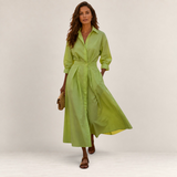 Valvet Oak House Lana lime green cotton midi dress with a collar and long sleeves worn by a woman