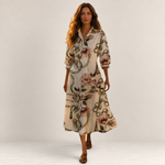 Valvet Oak House Lana midi dress in cream cotton with floral and chain print, featuring a collar and long sleeves