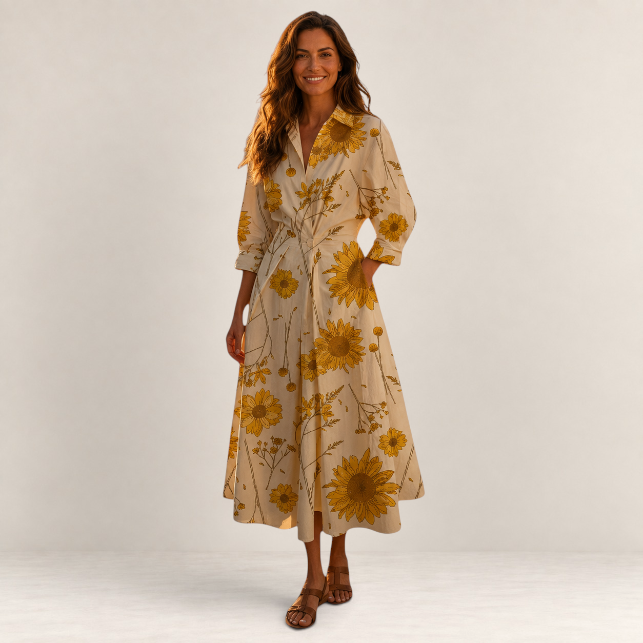 Valvet Oak House Lana cotton midi dress with yellow sunflower print, collar, and side pockets worn by a smiling woman