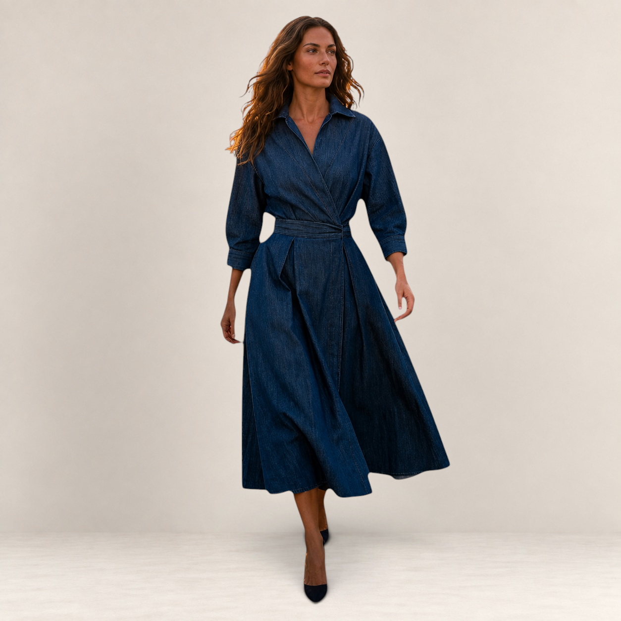 Valvet Oak House Lana dark blue denim midi dress with a collar and wrap-style waist worn by a woman