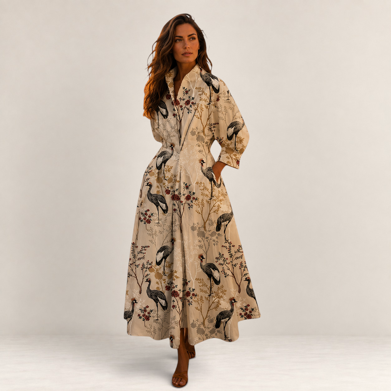 Valvet Oak House Lana cotton midi dress with crane print, collar, and side pockets worn by a model