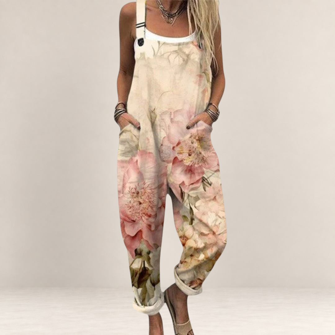 Valvet Oak House floral print loose-fit jumpsuit with wide legs and adjustable straps for a comfortable summer look.