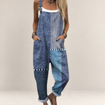 Valvet Oak House blue printed loose-fit jumpsuit with wide legs, adjustable straps, and side pockets on a model.