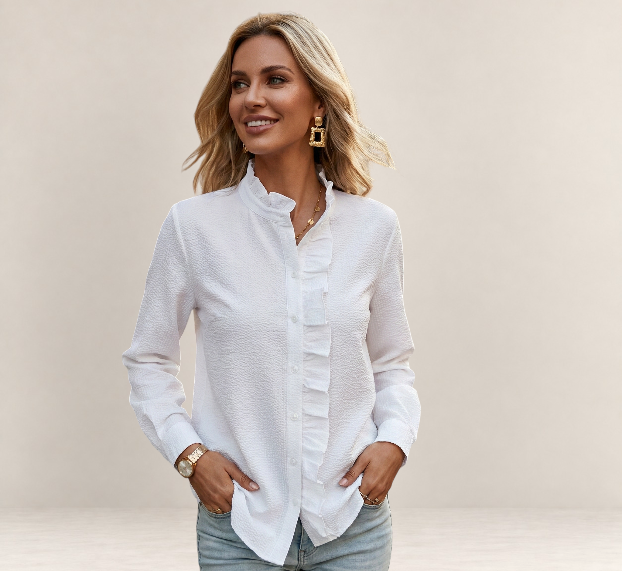 Valvet Oak House white long-sleeve blouse with a ruffled collar and button-down front worn by a blonde woman