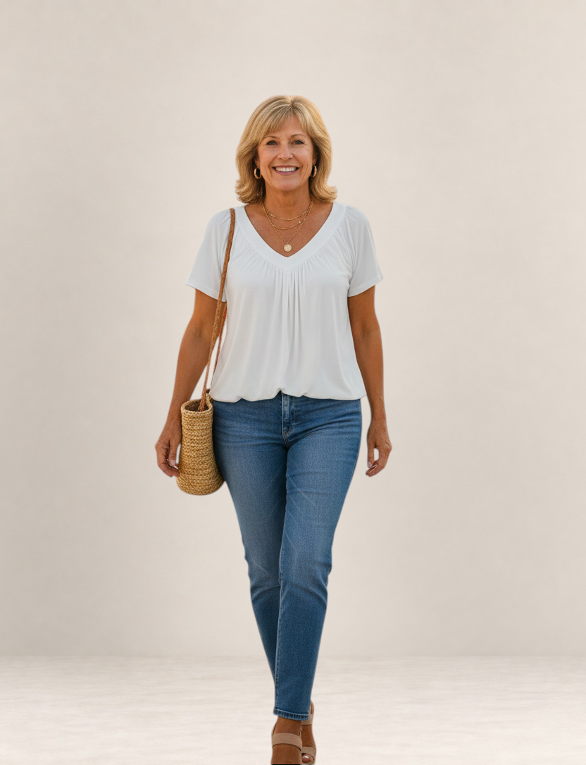 Valvet Oak House Despina white blouse with a flattering V-neck and loose fit worn by a smiling woman with jeans