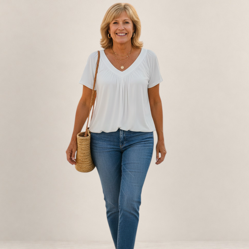 Valvet Oak House Despina white blouse with a flattering V-neck and loose fit worn by a smiling woman with jeans