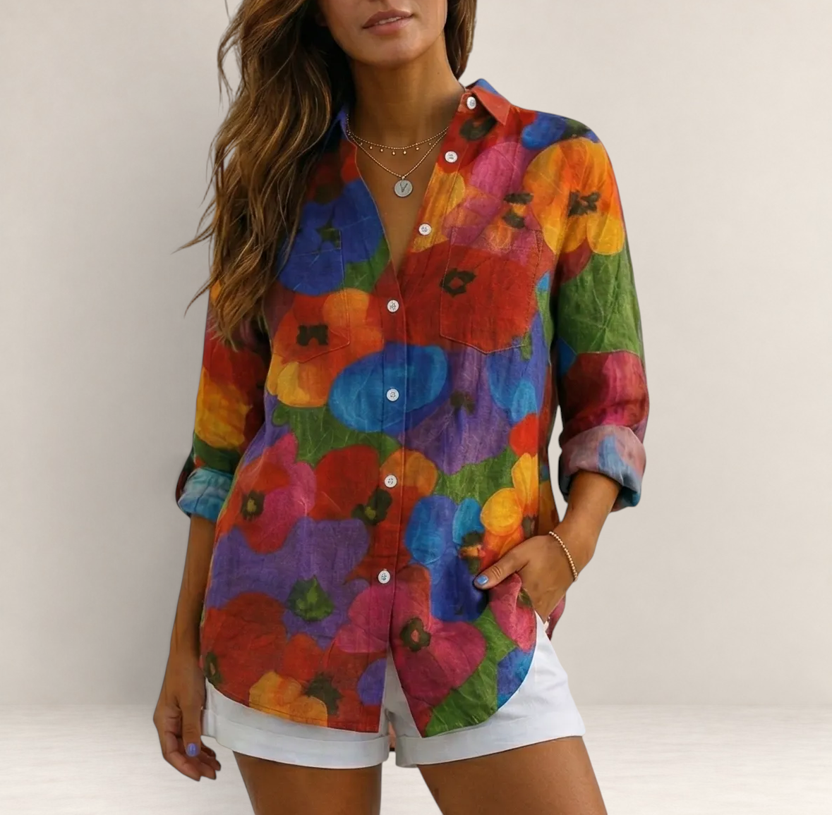 Valvet Oak House Pietra button-down shirt featuring a vibrant multi-colored floral pattern and relaxed fit