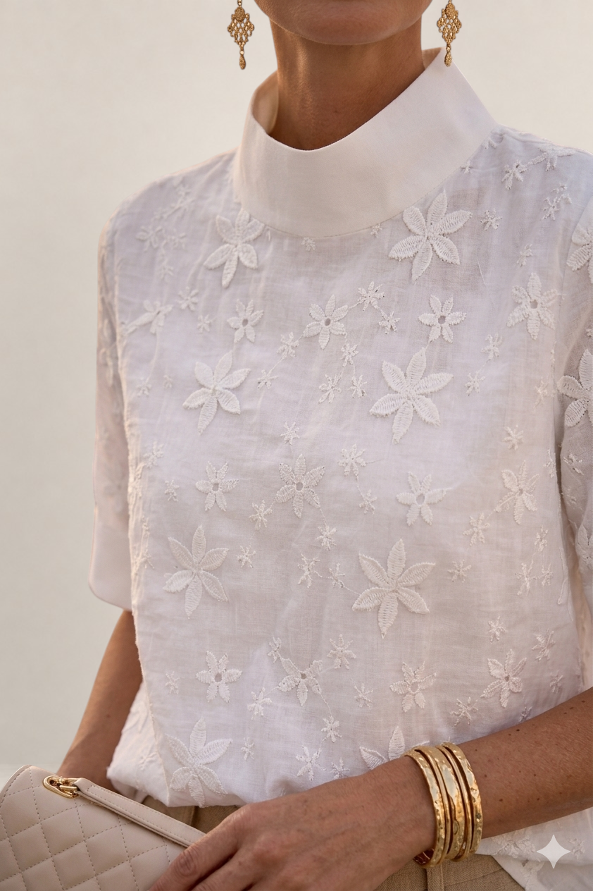 Valvet Oak House white blouse featuring delicate floral embroidery, a high collar, and short sleeves.