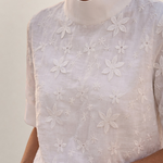 Valvet Oak House white blouse featuring delicate floral embroidery, a high collar, and short sleeves.