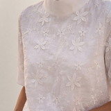 Valvet Oak House white blouse featuring delicate floral embroidery, a high collar, and short sleeves.