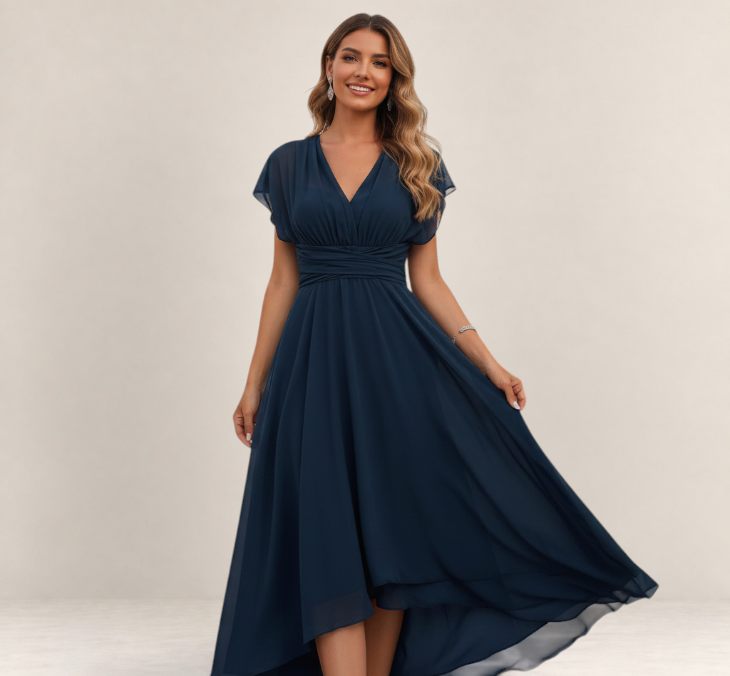 Valvet Oak House navy blue A-line chiffon dress with a V-neckline worn by a smiling model