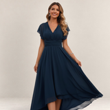 Valvet Oak House navy blue A-line chiffon dress with a V-neckline worn by a smiling model