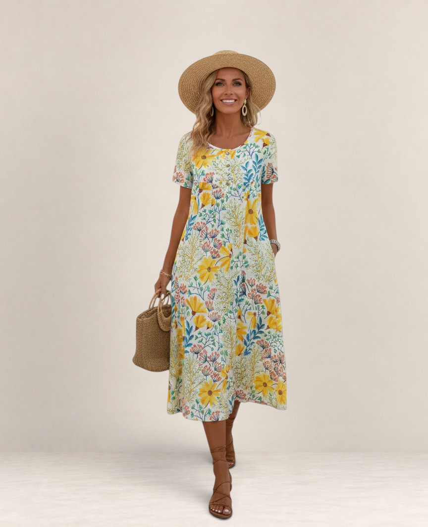 Valvet Oak House Margaret floral midi dress with short sleeves, worn by a smiling woman with a straw hat and bag.