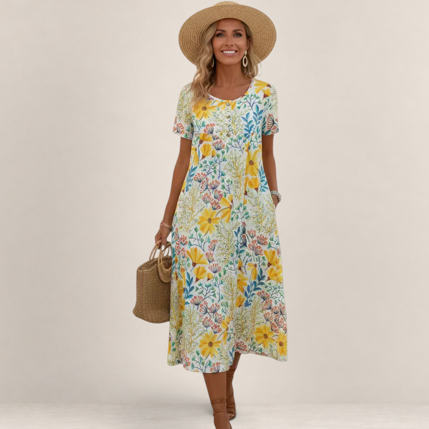 Valvet Oak House Margaret floral midi dress with short sleeves, worn by a smiling woman with a straw hat and bag.