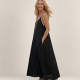 Valvet Oak House Safira black A-line summer maxi dress with thin straps worn by a smiling woman