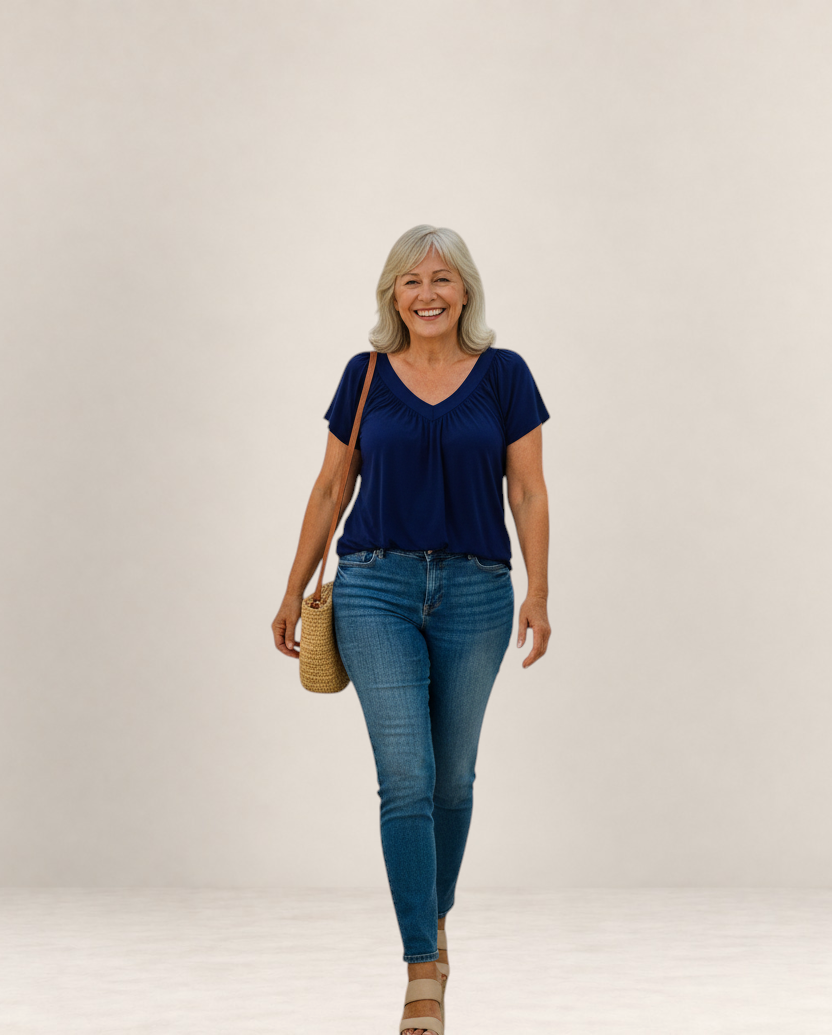 Valvet Oak House Despina navy blue blouse with a flattering flowy fit worn by a smiling woman with jeans and bag