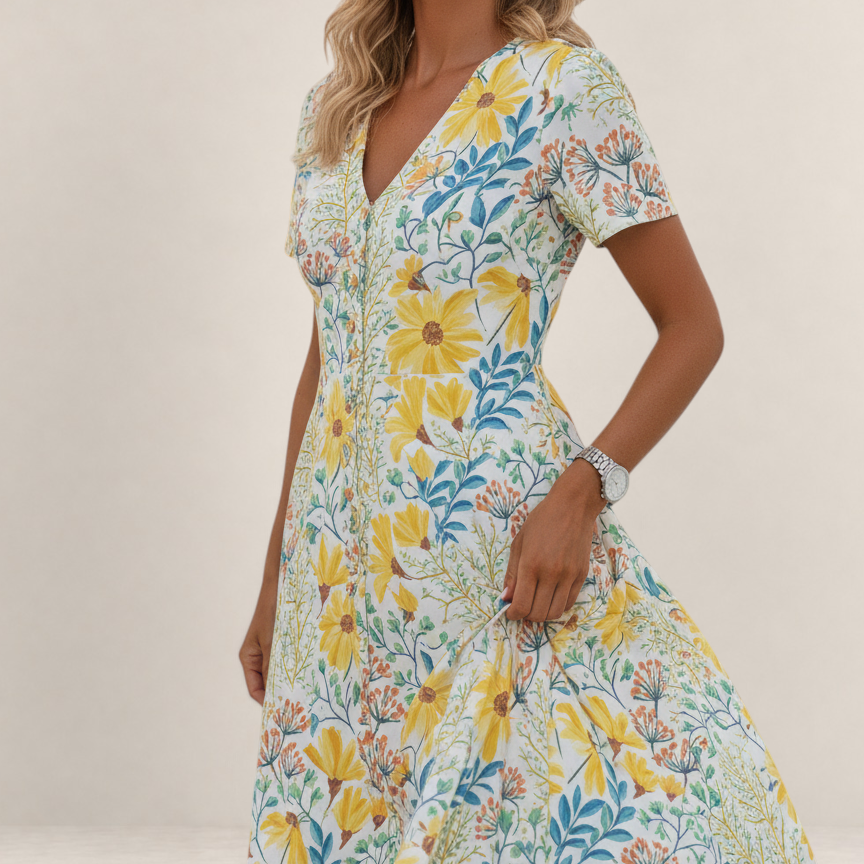 Valvet Oak House Margaret floral midi dress with V-neck and short sleeves worn by a woman in a straw hat