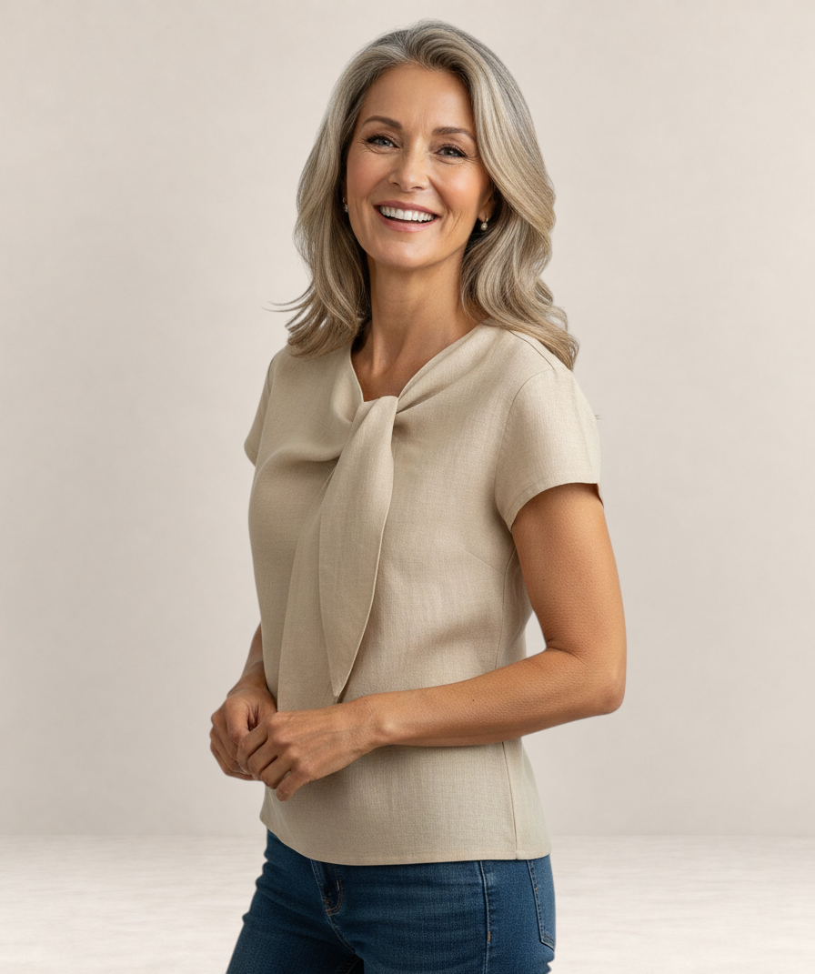 Valvet Oak House beige linen short-sleeve blouse with a draped neck detail worn by a smiling woman