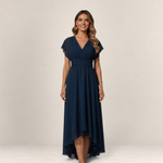 Valvet Oak House navy blue A-line midi dress with V-neckline and flutter sleeves worn by a smiling model
