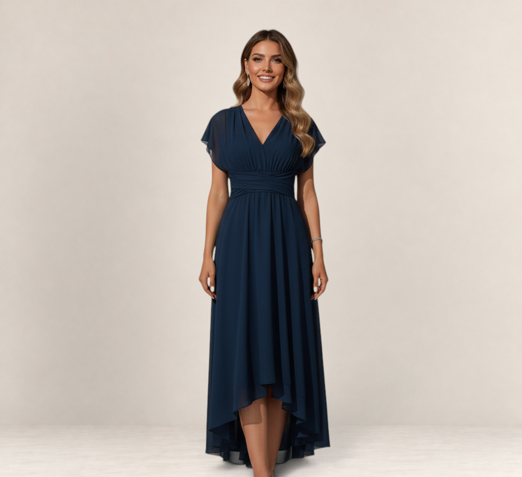 Valvet Oak House navy blue A-line midi dress with V-neckline and flutter sleeves worn by a smiling model