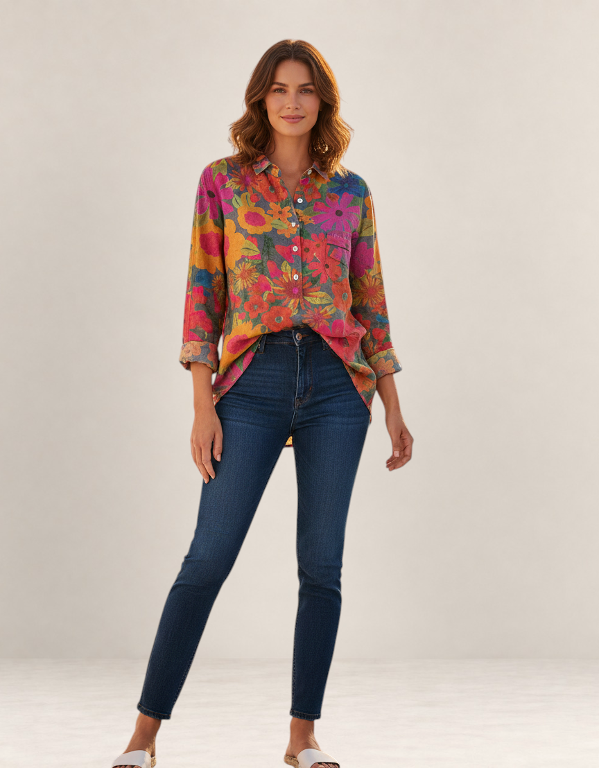 Valvet Oak House Anastasia shirt in vibrant floral print Tencel fabric worn by a model with dark blue jeans