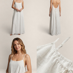 Valvet Oak House Safira white maxi summer dress with thin straps, A-line silhouette, and open back design.