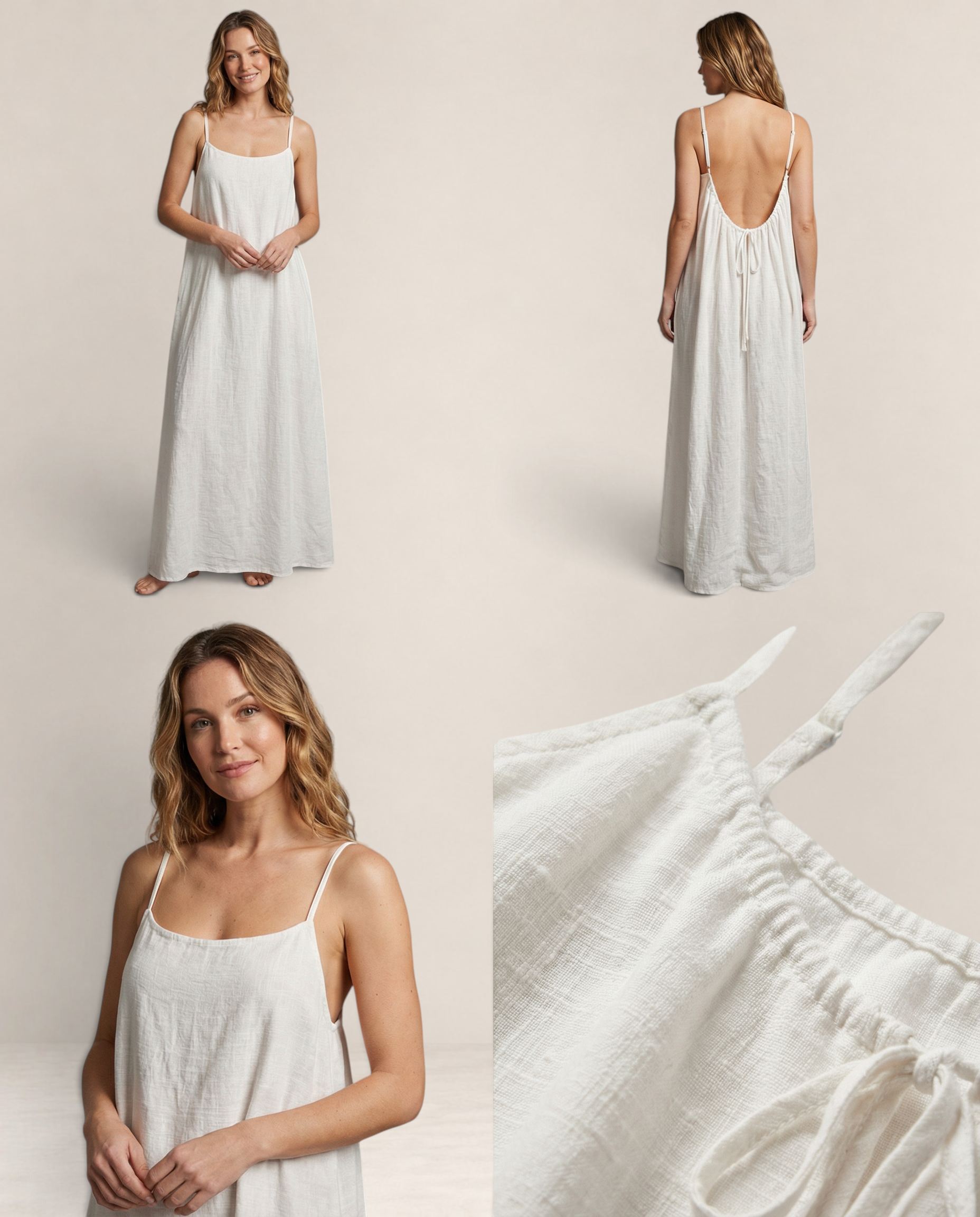 Valvet Oak House Safira white maxi summer dress with thin straps, A-line silhouette, and open back design.