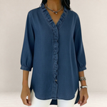 Valvet Oak House denim blouse featuring a V-neck with delicate ruffles, three-quarter sleeves, and a loose fit.
