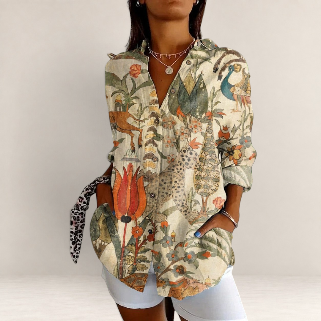 Valvet Oak House long-sleeve button-down shirt featuring a vintage-style botanical and animal print in warm tones.