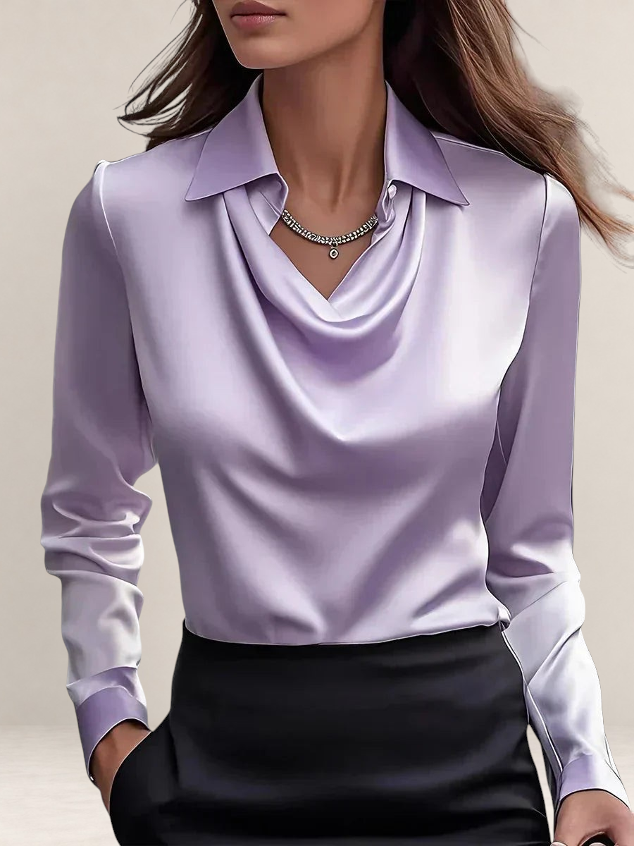 Valvet Oak House elegant lavender satin blouse with a draped cowl neckline and classic collar for a refined look.