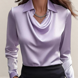Valvet Oak House elegant lavender satin blouse with a draped cowl neckline and classic collar for a refined look.
