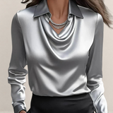 Valvet Oak House white satin blouse with a draped cowl neckline and classic collar, styled for a professional look.