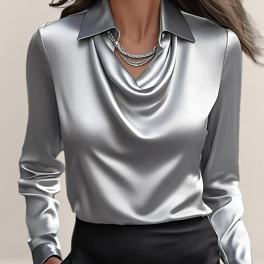 Valvet Oak House white satin blouse with a draped cowl neckline and classic collar, styled for a professional look.