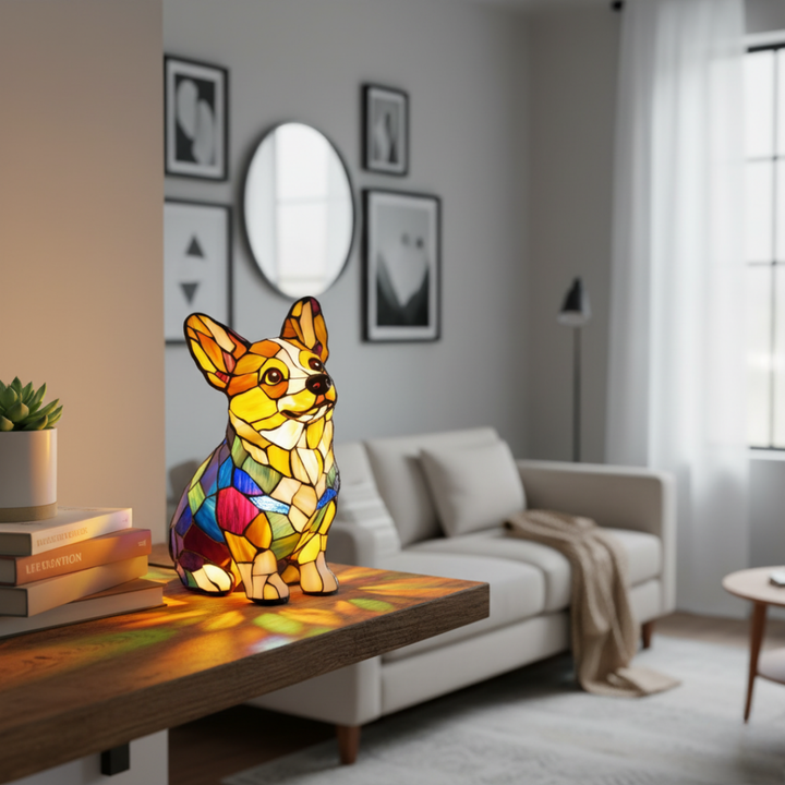 Corgi lampa v sedící pozici