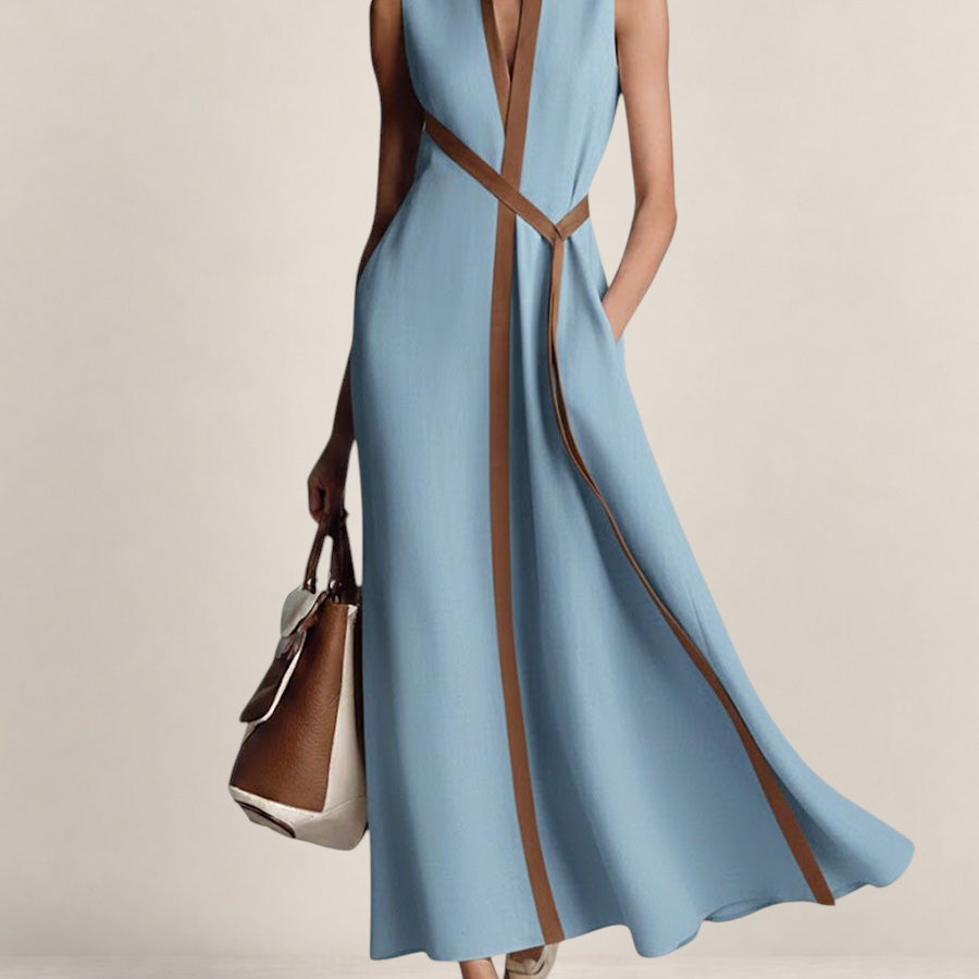Valvet Oak House light blue linen blend maxi dress with a brown trim, stand-up collar, and a matching waist tie.