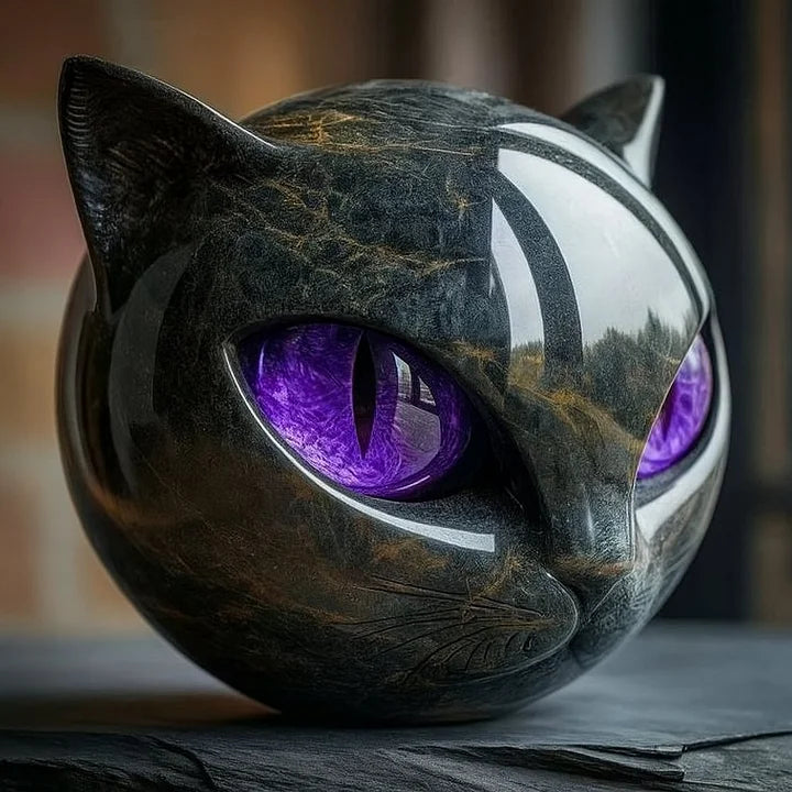 Mystická socha hlavy černé kočky