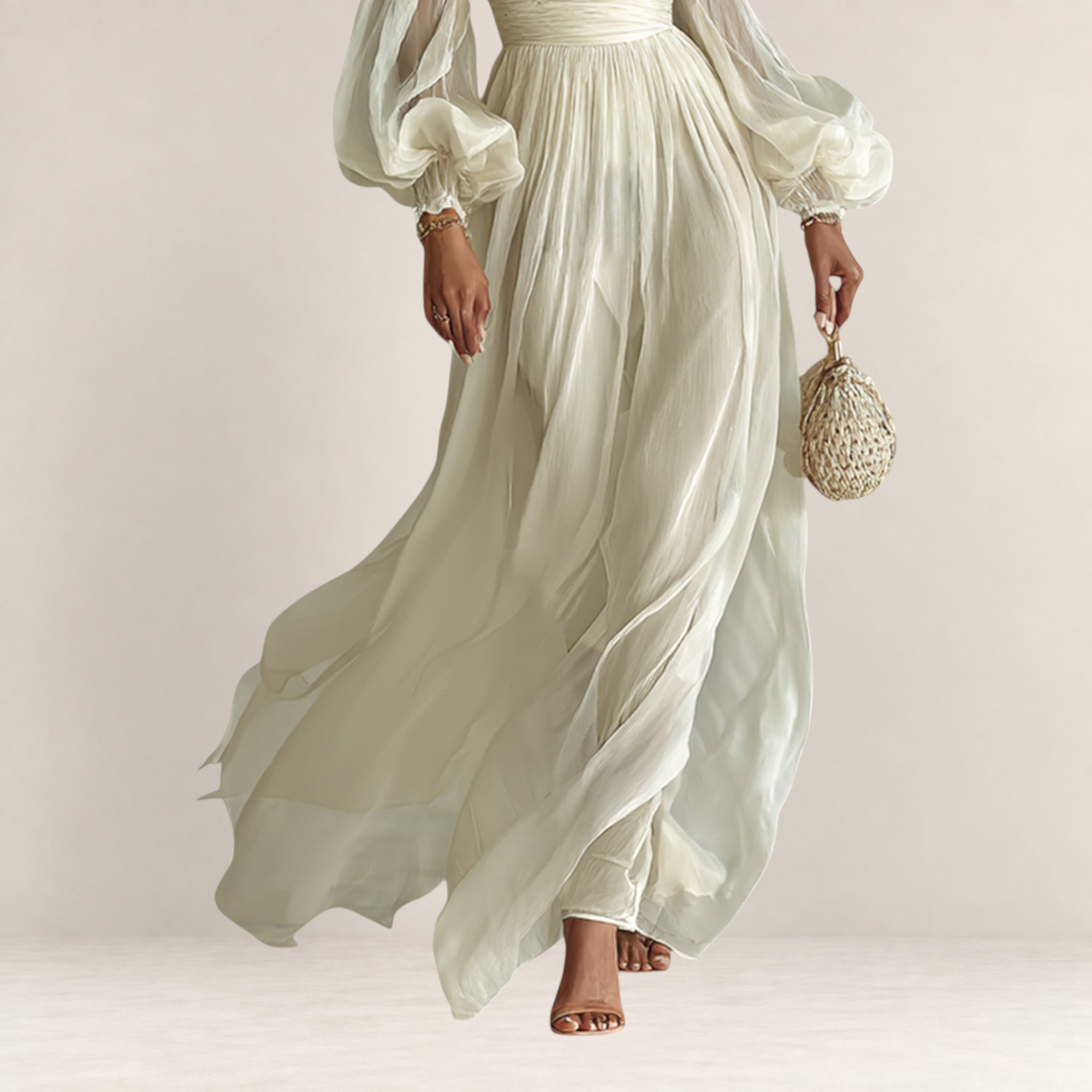 Valvet Oak House romantic white maxi dress with airy long sleeves and flowing skirt, perfect for elegant occasions.