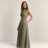 Valvet Oak House Zoe elegant olive green midi dress with a front zipper and fitted bodice on a smiling model