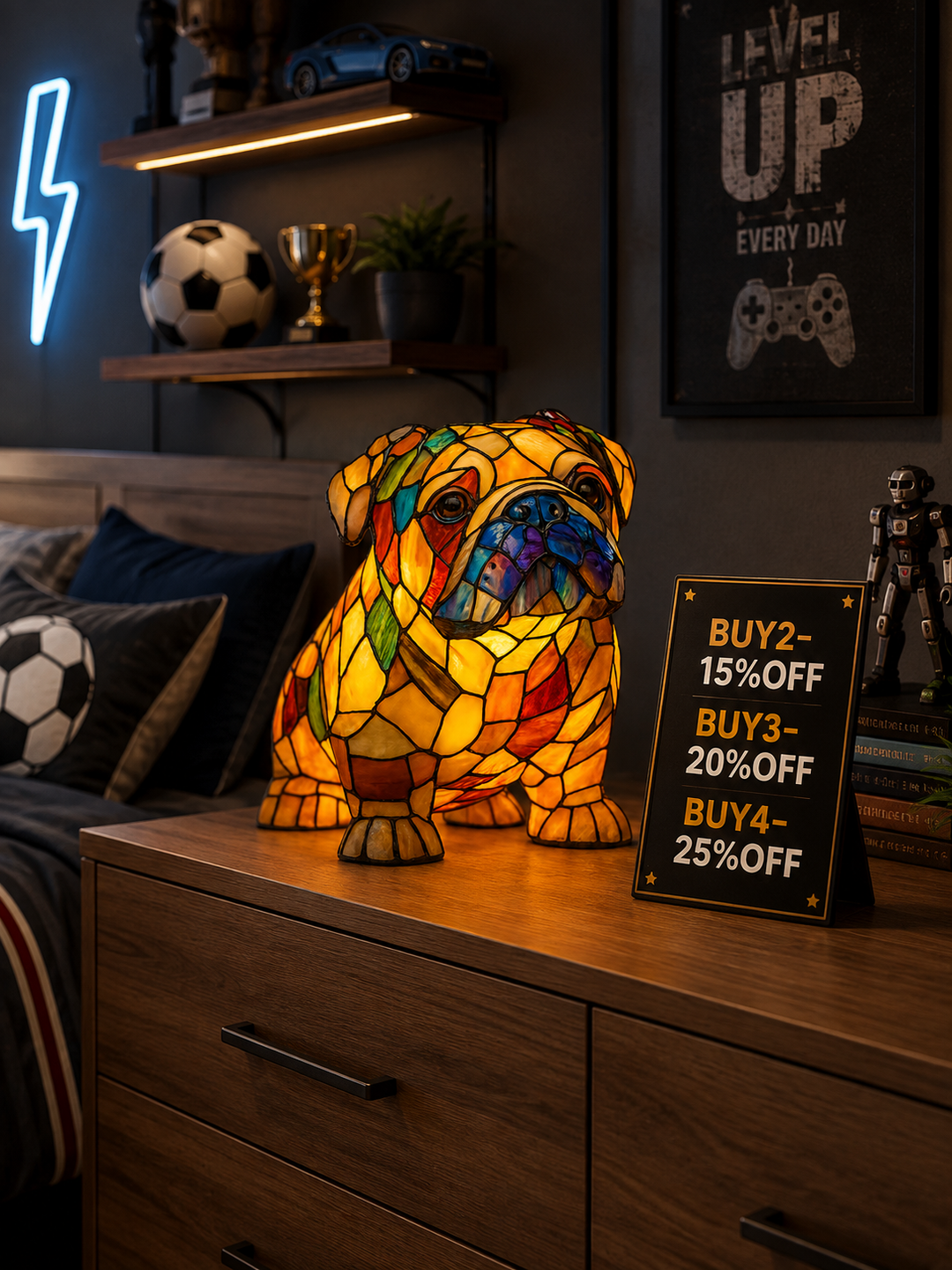 Lampa s bulldogem v sedící pozici