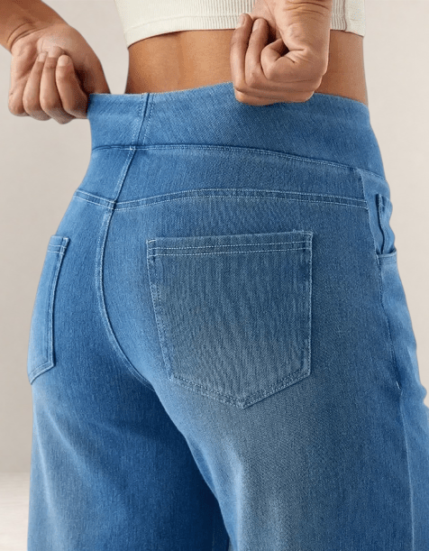Valvet Oak House blue stretch denim trousers with a comfortable elastic waistband and back pockets