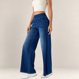 Valvet Oak House wide-leg blue denim trousers with an elastic waistband worn with a white crop top