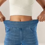 Valvet Oak House blue stretch denim trousers with a comfortable elastic waistband worn by a woman
