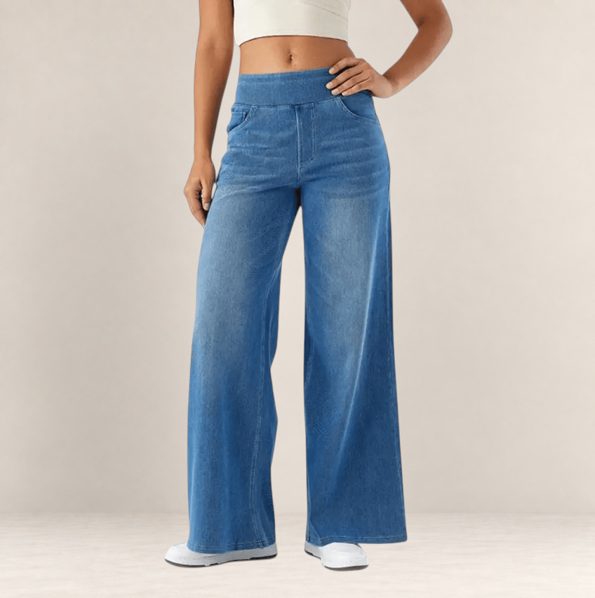 Valvet Oak House wide-leg blue denim trousers with a comfortable elastic waistband and casual stretch fit
