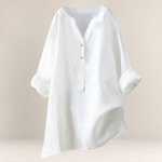 Valvet Oak House Edna white linen and cotton blend blouse with a relaxed fit and button-up V-neckline