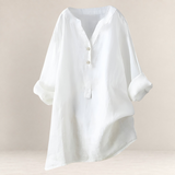 Valvet Oak House Edna white linen and cotton blend blouse with a relaxed fit and button-up V-neckline
