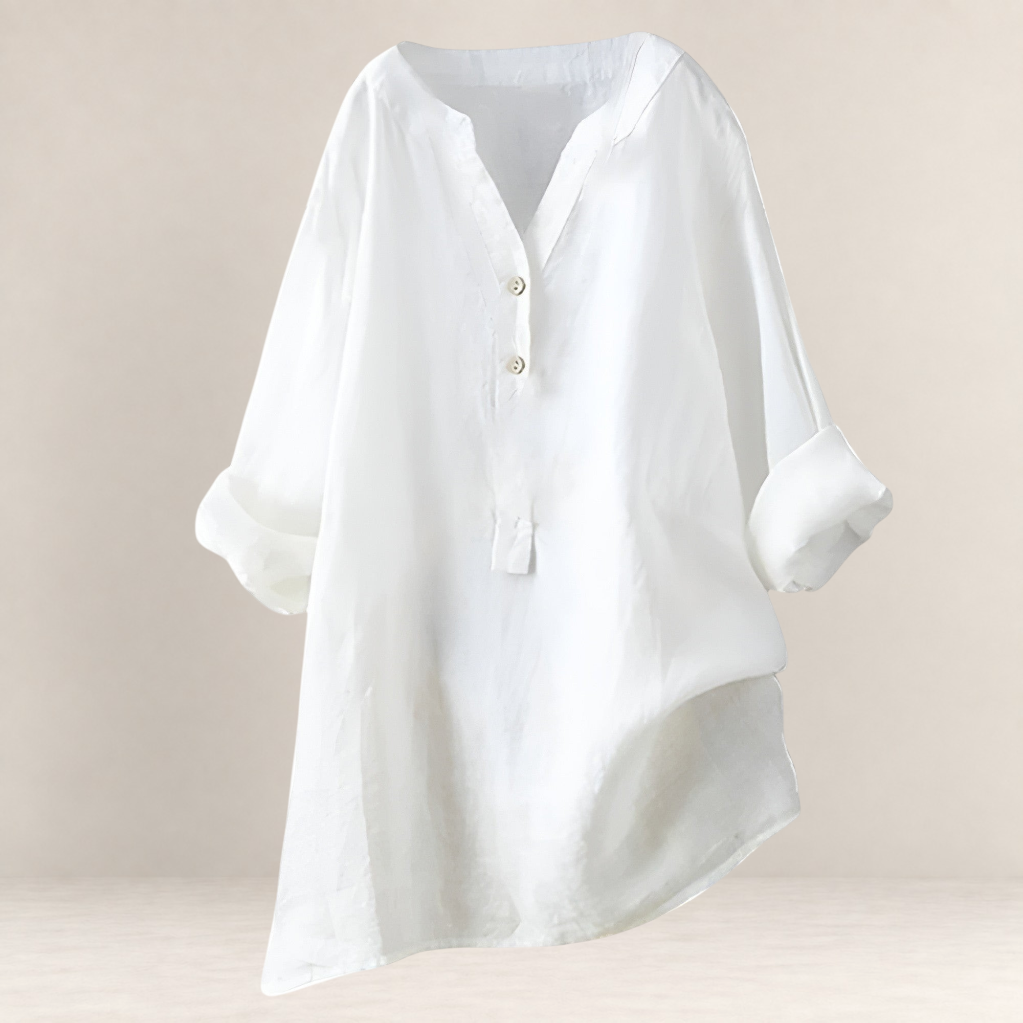 Valvet Oak House Edna white linen and cotton blend blouse with a relaxed fit and button-up V-neckline