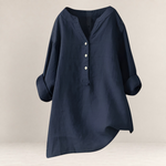 Valvet Oak House Edna navy blue linen and cotton blend blouse with a relaxed fit and button-down neckline