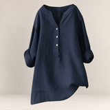 Valvet Oak House Edna navy blue linen and cotton blend blouse with a relaxed fit and button-down neckline